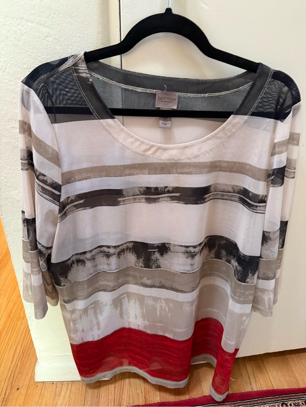Chico's Striped Scoop Neck Long Sleeve Top - Red, Black, Gray, Cream